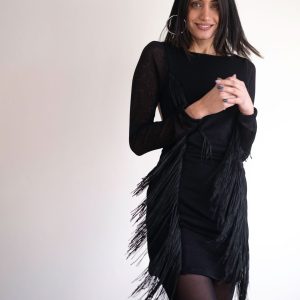 Alexia elastic short dress with long sleeve made of soft fabric with open back and fringes on the front