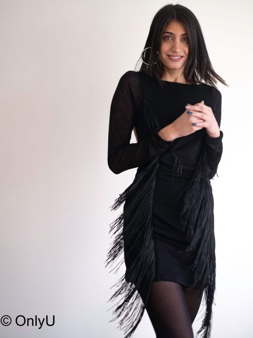 Alexia elastic short dress with long sleeve made of soft fabric with open back and fringes on the front