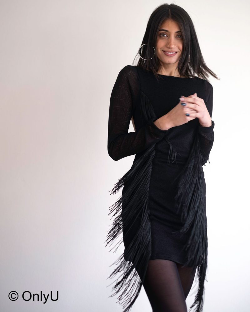 Alexia elastic short dress with long sleeve made of soft fabric with open back and fringes on the front