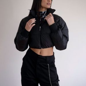 Chris black short inflatable warm jacket with zip.