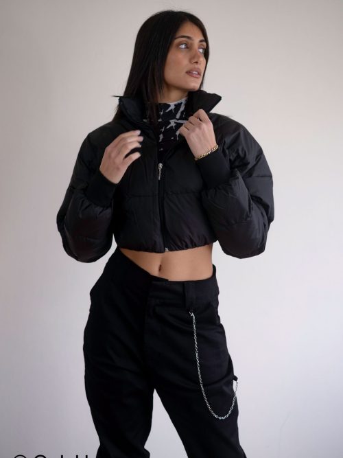 Chris black short inflatable warm jacket with zip.