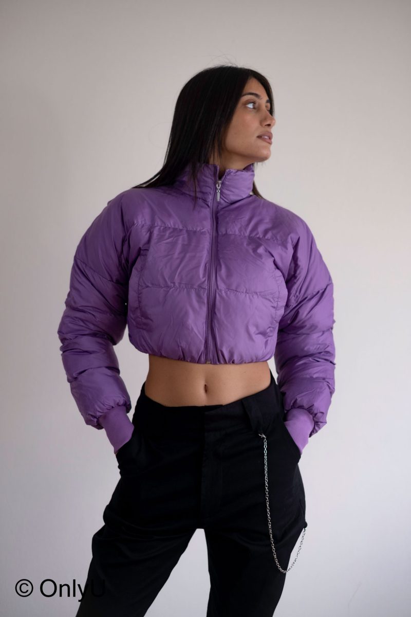 Chris purple short inflatable warm jacket with zip.