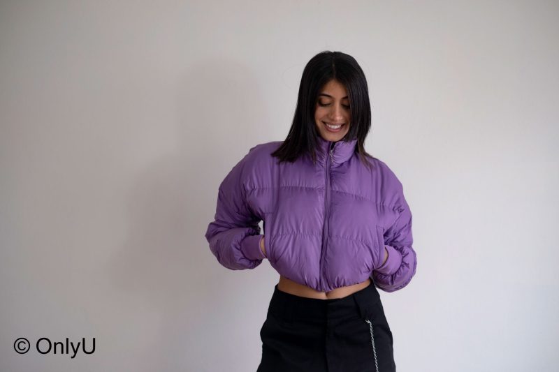 Chris purple short inflatable warm jacket with zip.