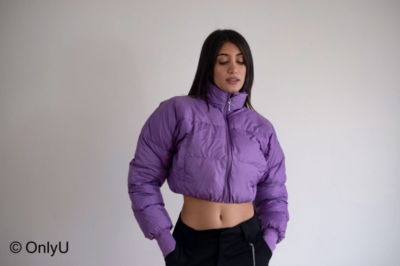 Chris purple short inflatable warm jacket with zip.